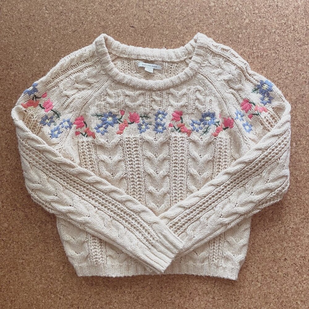 American Eagle Floral Cable Knit Sweater